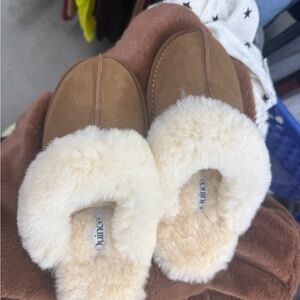 Quince Brown Suede Shearling Lined Slippers with Cream Fur Trim